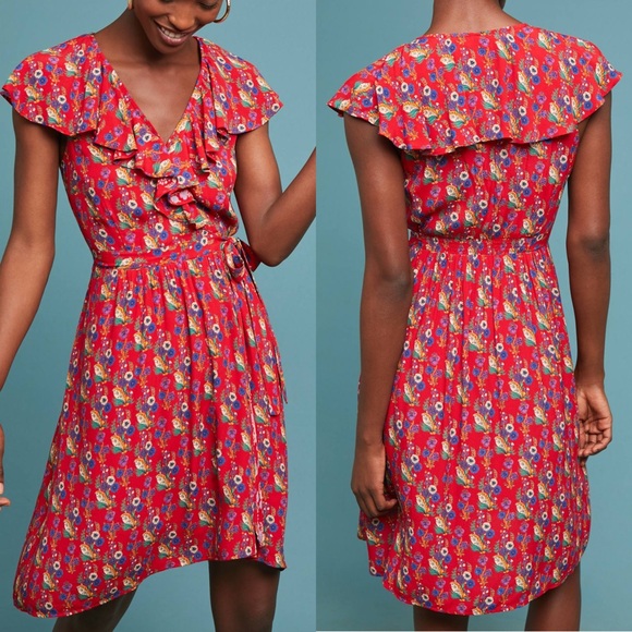 Anthropologie Dresses & Skirts - Anthropologie Maeve Rosalia Red Floral Faux Wrap Ruffle Dress - Size 0